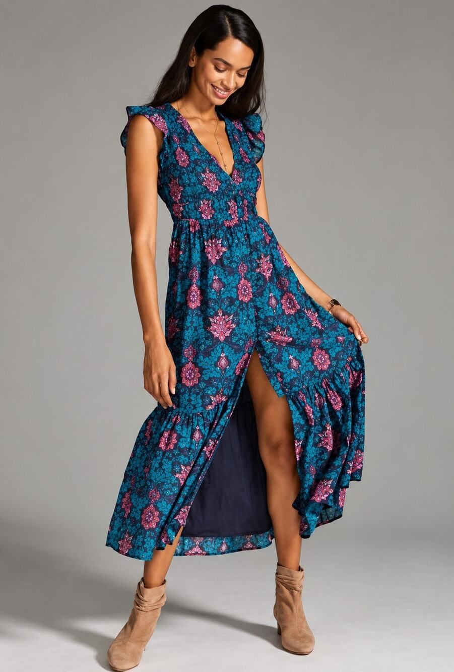 Anthropologie Peregrine Green Pink Floral Cotton Midi Dress XS